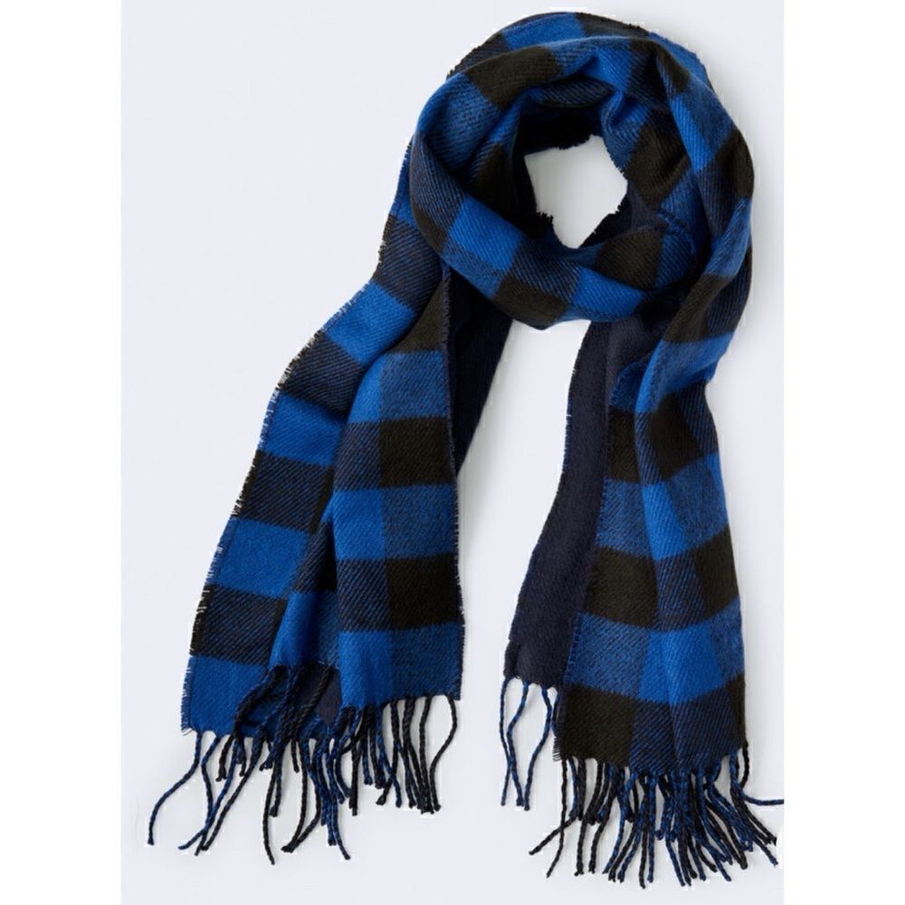 J.Crew Royal Blue Black Buffalo Plaid Acrylic Shawl Scarf 24” x 80" NWT